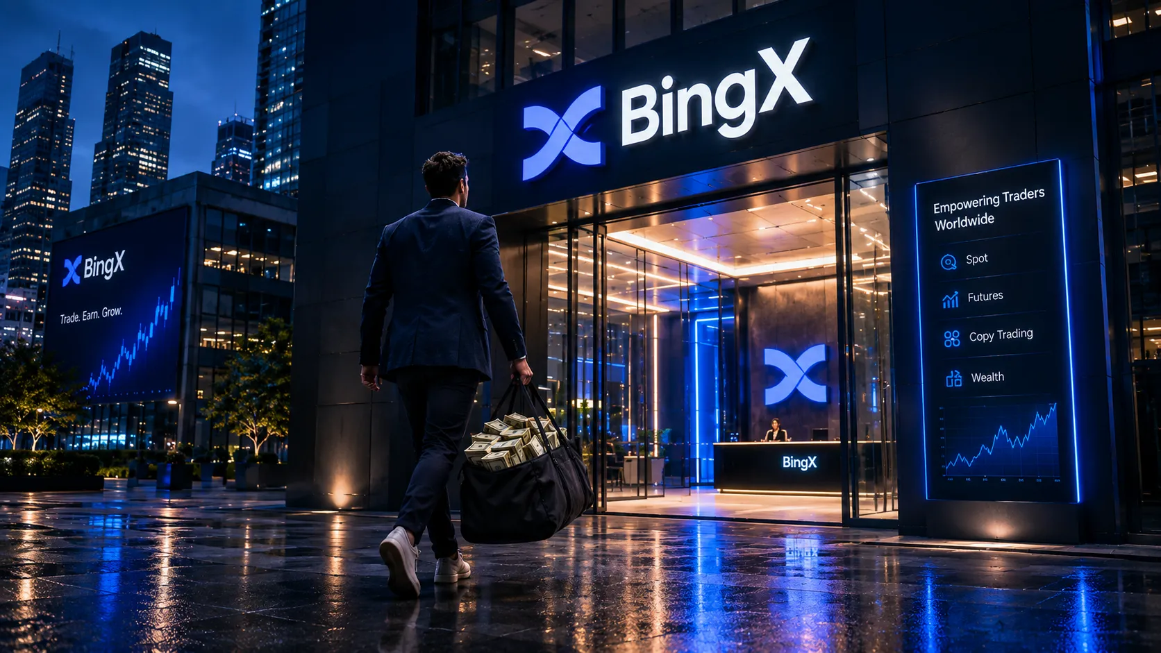 A trader carrying a duffel bag full of cash walks into a modern BingX building with glowing blue signage and a glass entrance at night.