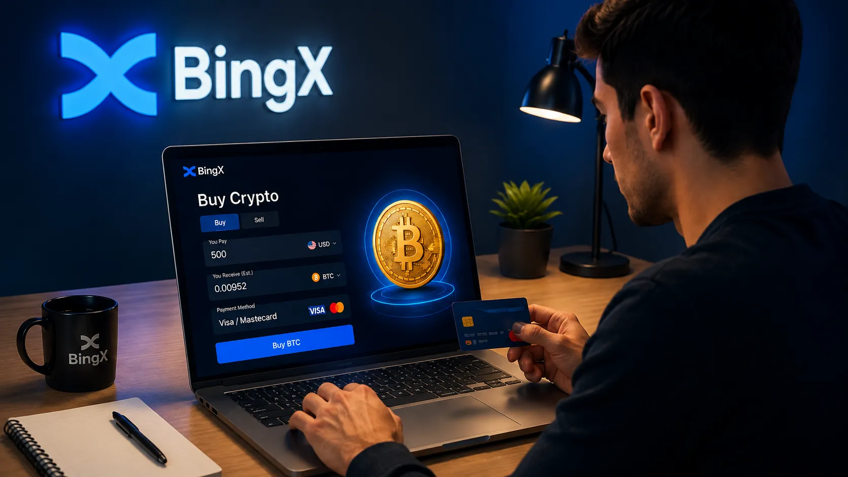 Man buying crypto on BingX using a laptop and credit card in a modern blue-lit workspace.