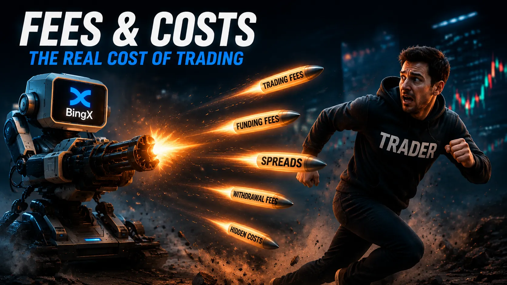 A trader is chased by a robotic turret firing bullets labeled as trading fees, funding fees, spreads, withdrawal fees, and hidden costs in a dramatic depiction of crypto trading expenses.