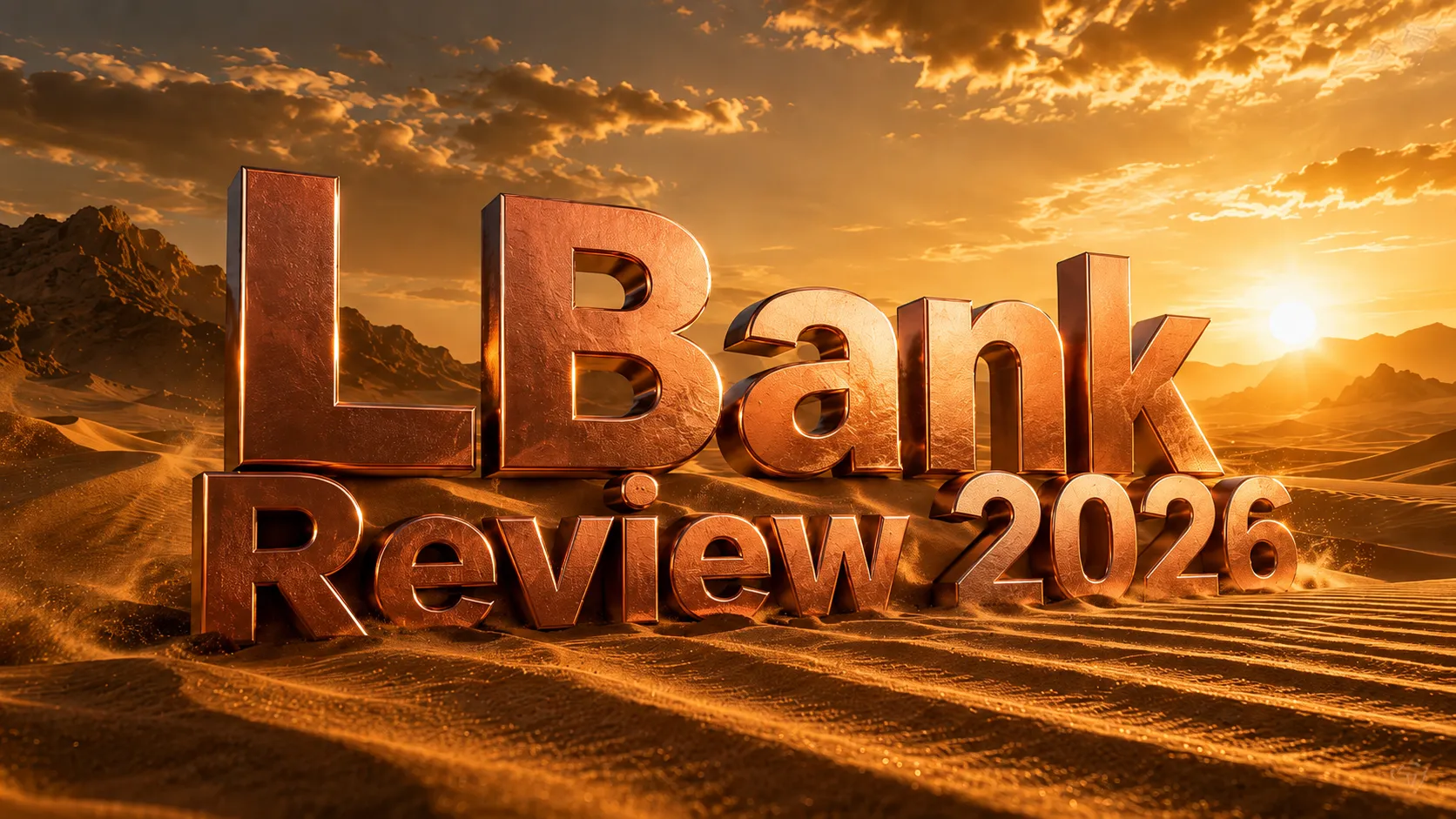 LBank Review 2026 cover image showing copper 3D LBank text in a desert landscape at sunset.