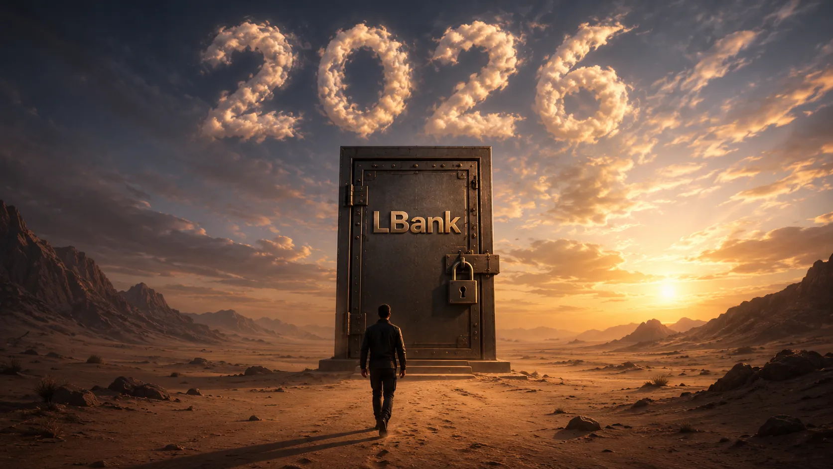 A person walks through a desert toward a locked metal door labeled “LBank,” with “2026” formed by clouds above.