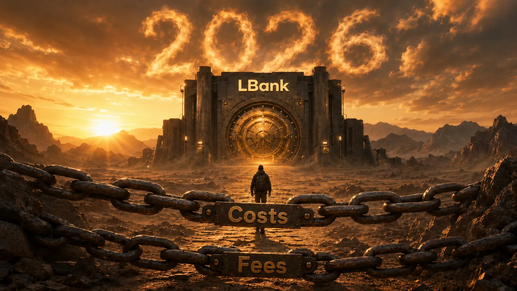 A traveler faces the LBank vault in a desert, blocked by chains labeled “Costs” and “Fees” under a 2026 sky.