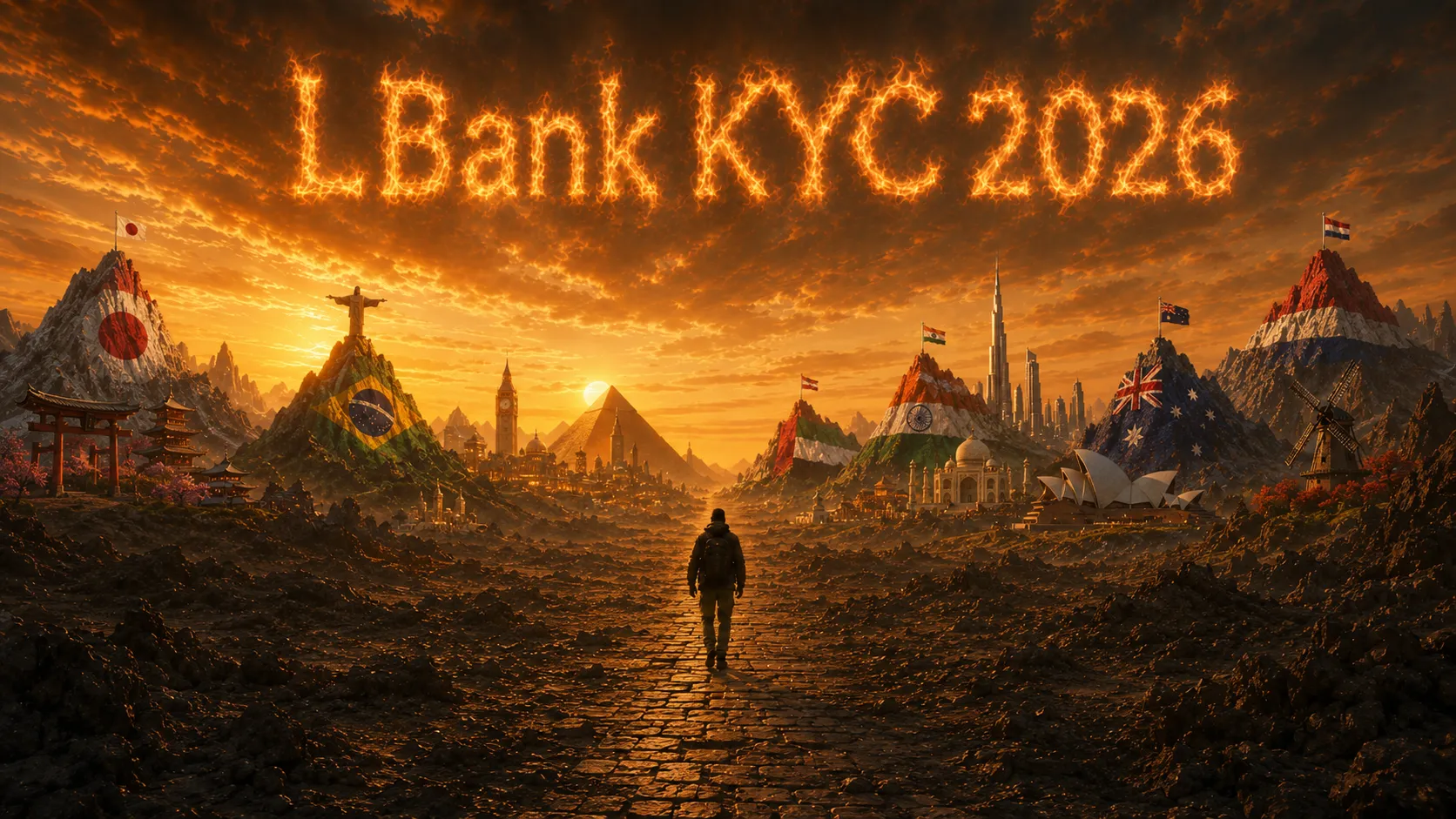 LBank KYC 2026 guide showing a traveler approaching a world of country symbols and global access.