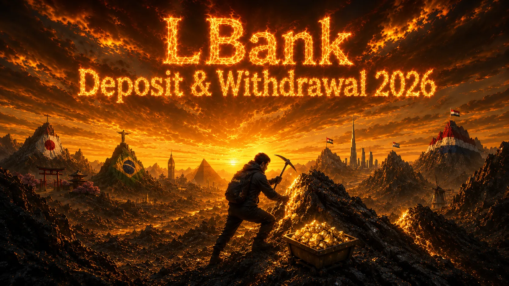 LBank Deposit and Withdrawal 2026 guide cover showing a crypto miner extracting gold from mountains with global country symbols in a futuristic landscape.