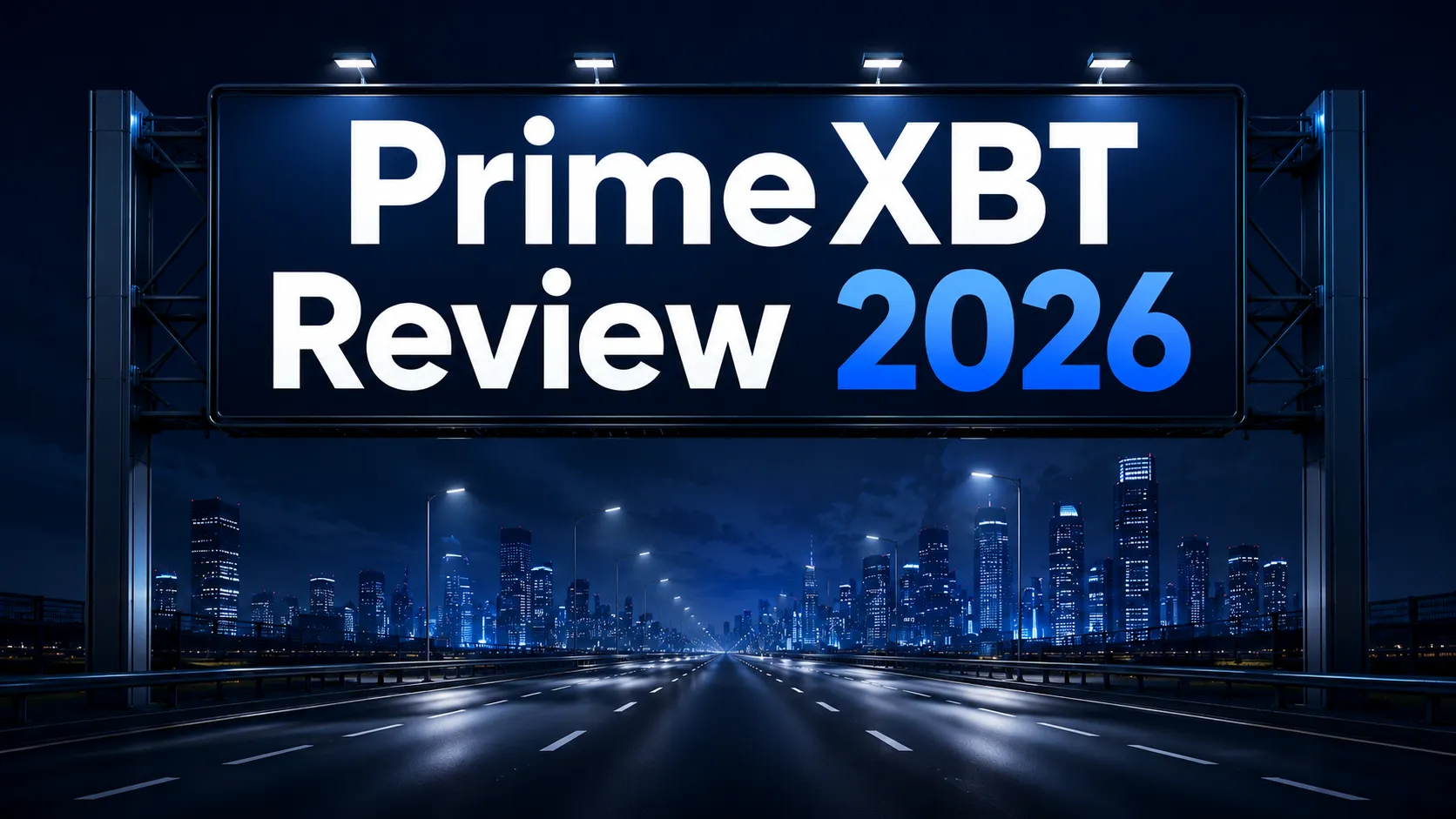 PrimeXBT Review 2026 title displayed on a large illuminated roadside billboard above a modern city highway at night.