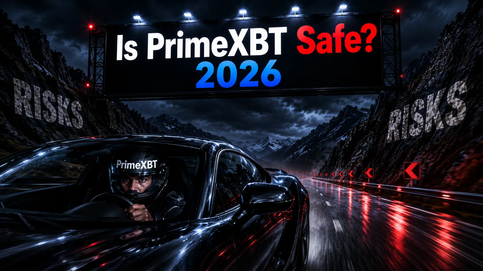 PrimeXBT safety review cover showing a driver speeding through a risky mountain road with “PrimeXBT” on the helmet and “Is PrimeXBT Safe? 2026” on a billboard.
