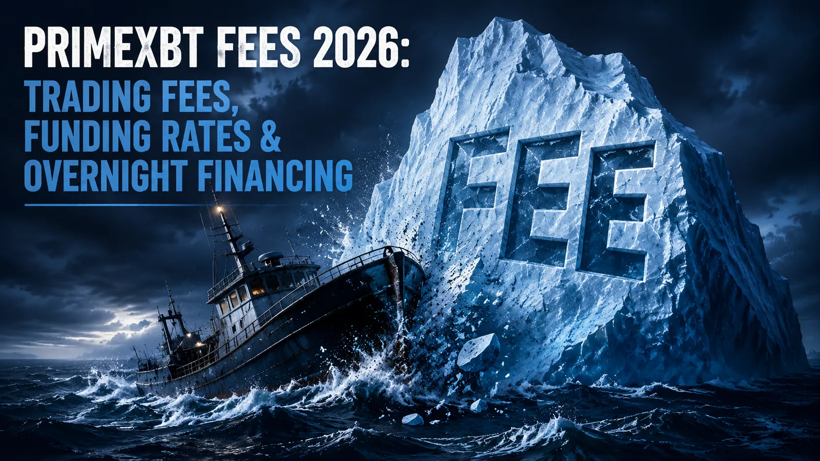 Cinematic boat crashing into a “FEE” iceberg, representing hidden PrimeXBT trading costs and fees.