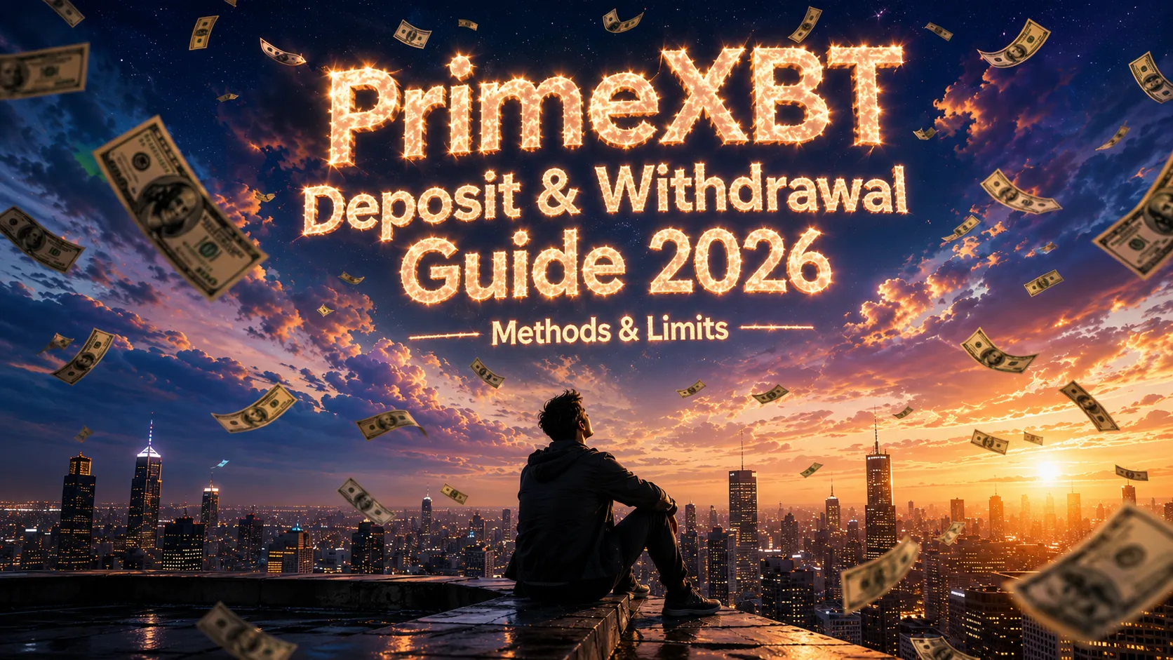 PrimeXBT deposit and withdrawal guide cover showing a man on a rooftop with money raining from the sky.