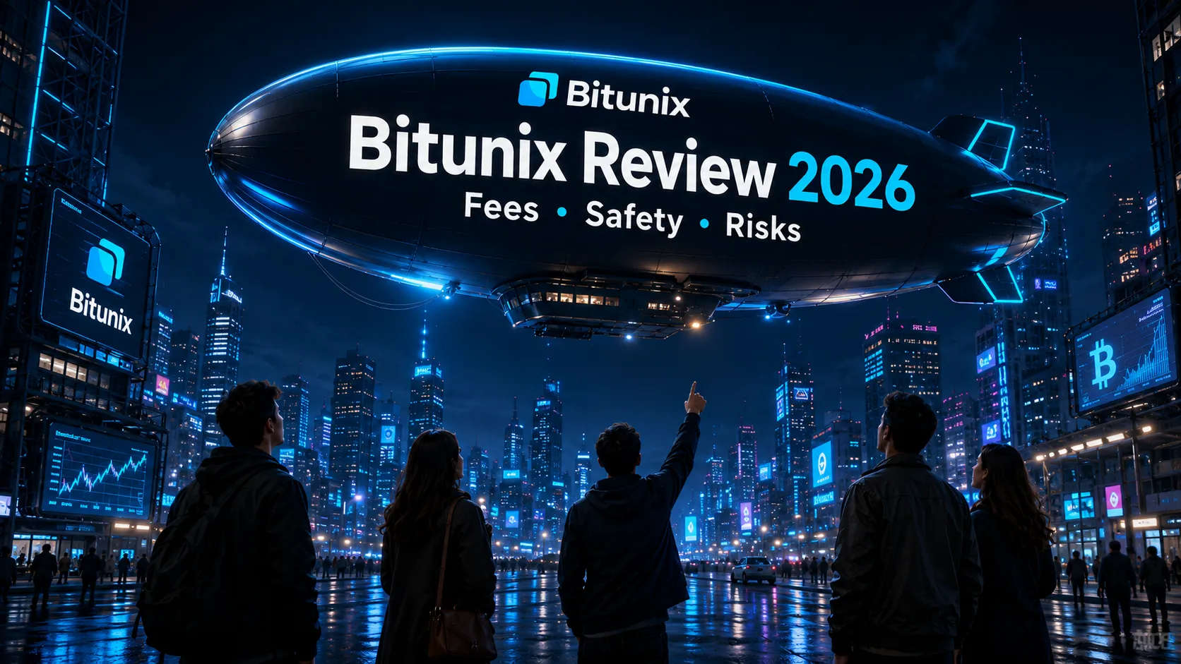 Futuristic city residents look up at a giant Bitunix airship displaying “Bitunix Review 2026: Fees, Safety, Risks.”