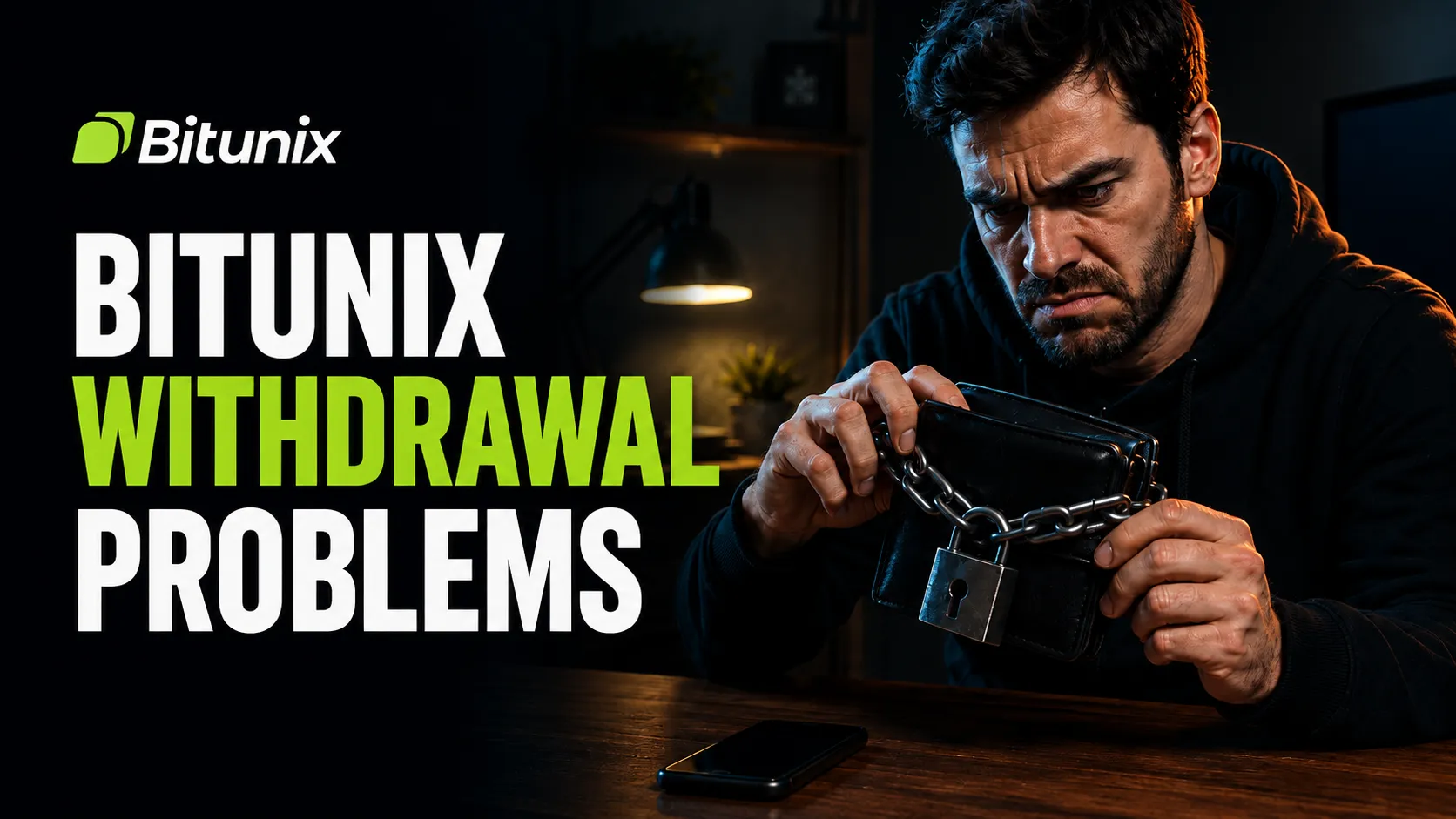 Bitunix Withdrawal Problems cover showing a man in a dark room trying to open a chained and padlocked wallet, with the Bitunix logo and title text.
