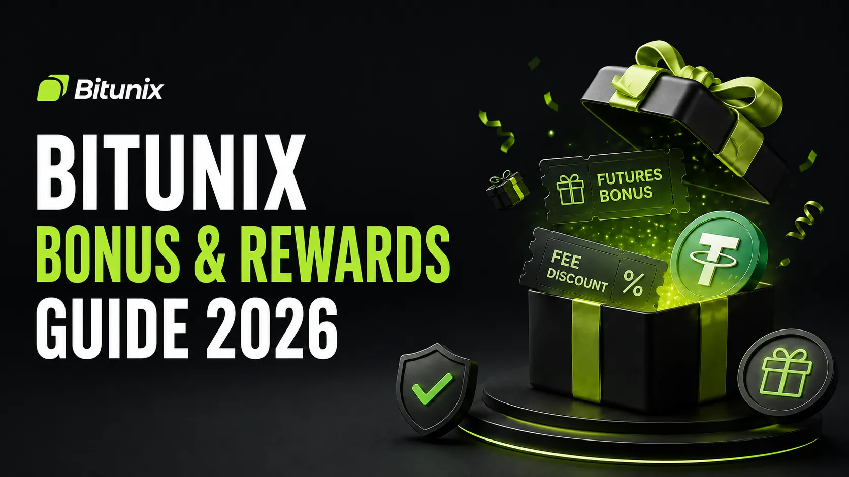 Bitunix Bonus & Rewards Guide 2026 cover showing a black gift box with green reward vouchers, bonus icons, and USDT-style coins on a dark background.
