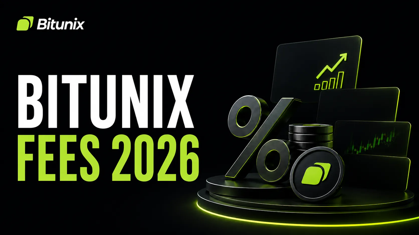 Bitunix Fees 2026 cover featuring a large percentage symbol, crypto coins, and trading charts with neon green accents on a dark background.