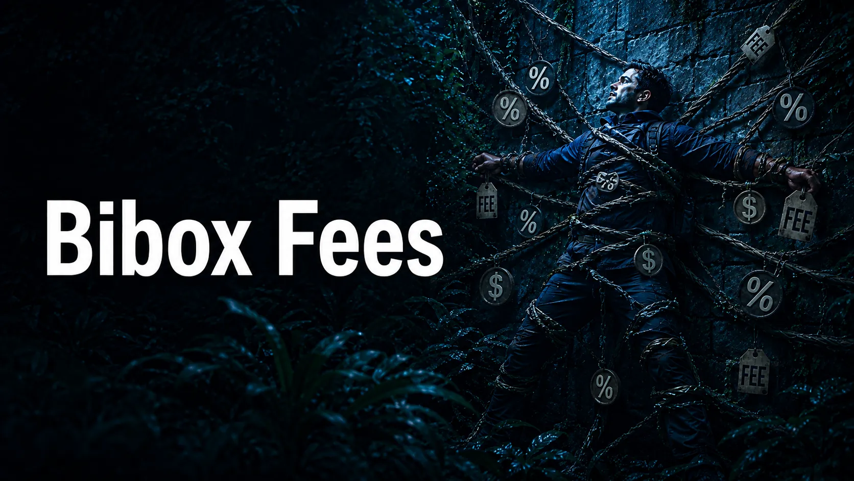 Bibox Fees guide cover showing crypto fees trapping a user with ropes