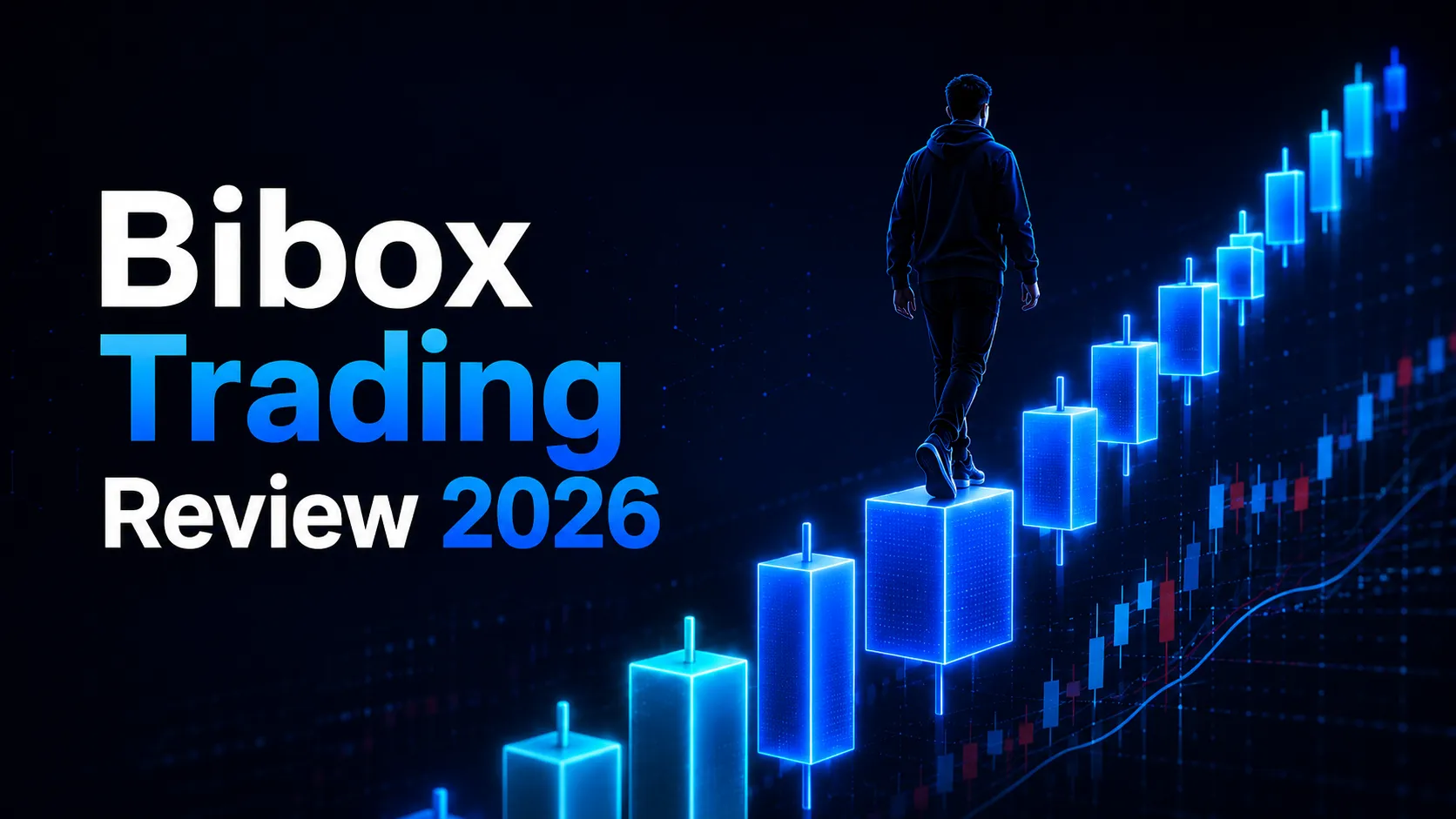 Bibox Trading Review 2026 cover showing a trader walking on glowing crypto candlestick charts