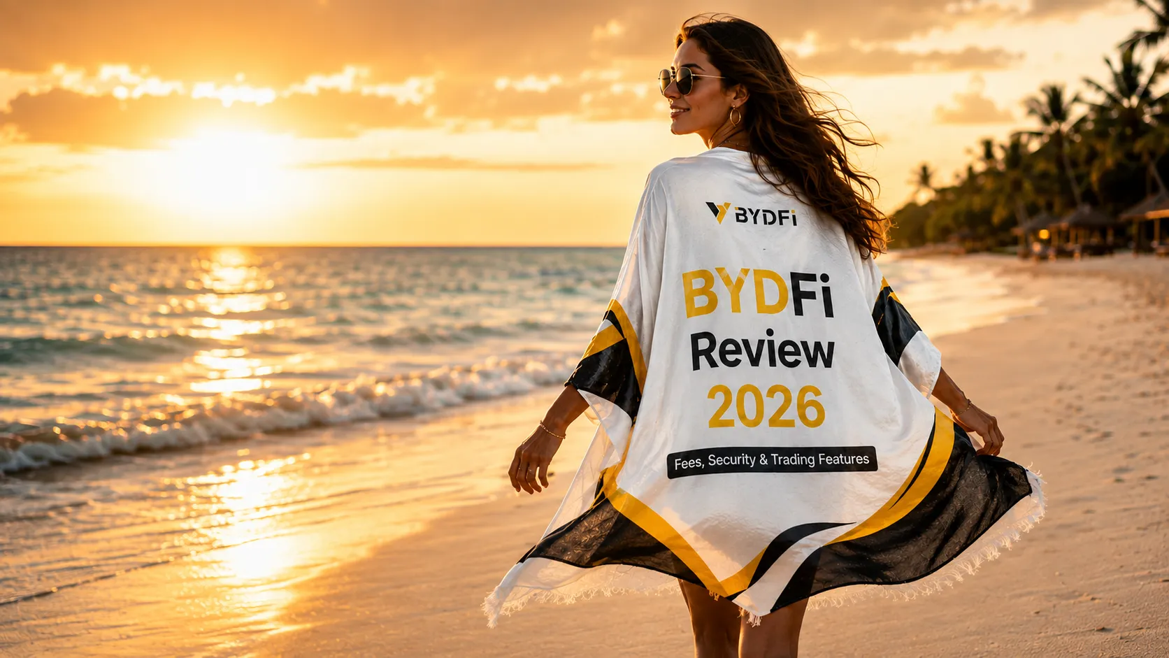 BYDFi Exchange Review 2026 cover image showing a woman wearing a branded beach cloth with security, fees, and trading features theme.