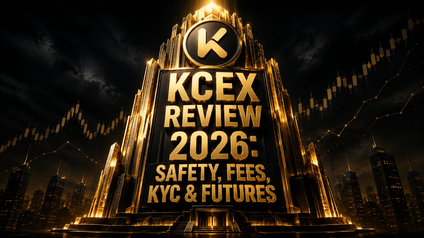 KCEX Review 2026 cover featuring a large golden tower with the title “KCEX Review 2026: Safety, Fees, KYC & Futures” surrounded by dark crypto trading charts.