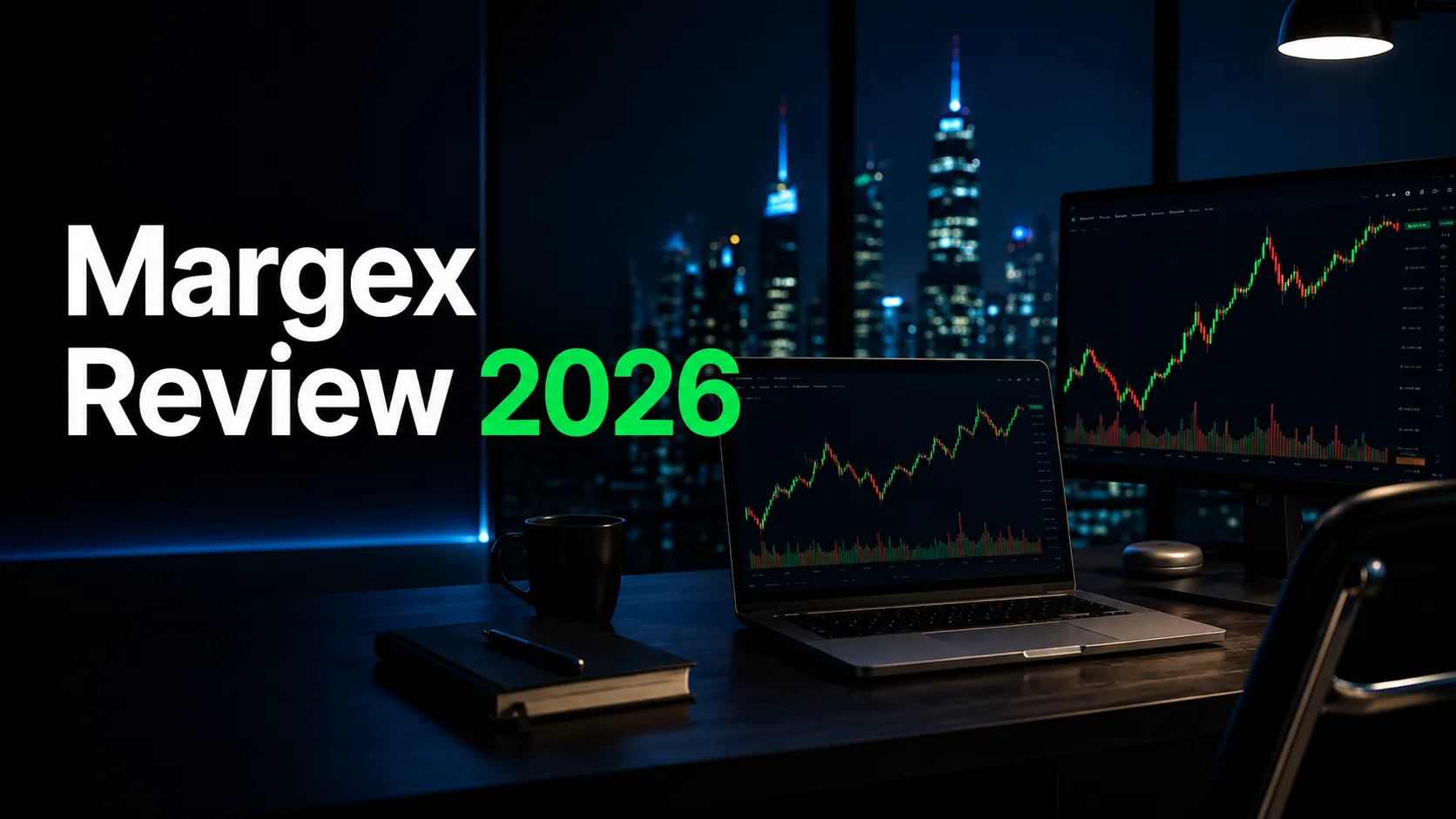 Margex Review 2026 cover showing a realistic crypto trading desk with laptop and monitor displaying cryptocurrency price charts at night.