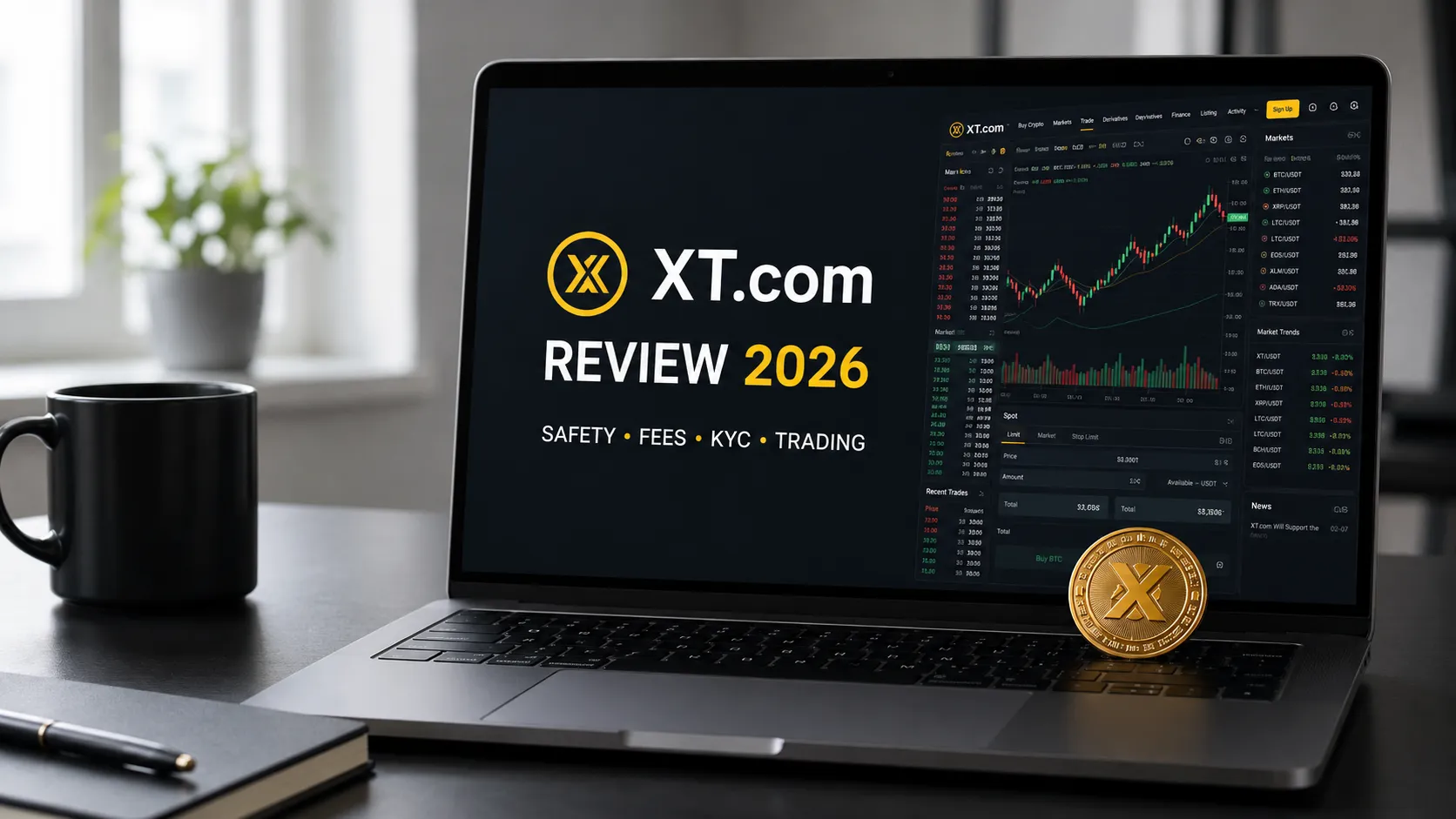 XT.com Review 2026 cover featuring a realistic laptop displaying crypto trading charts, with XT.com branding and key topics including safety, fees, KYC, and trading.
