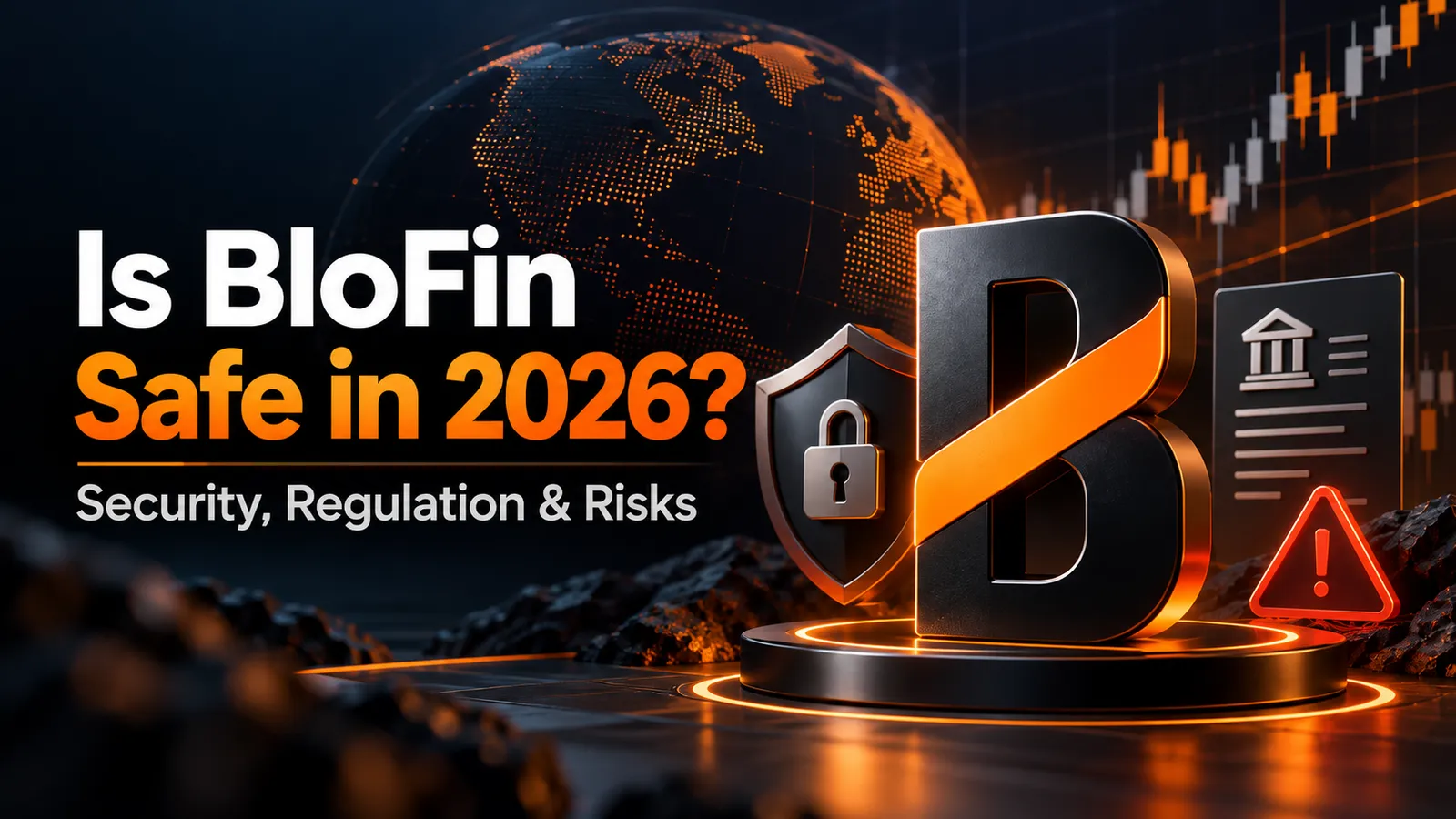 BloFin exchange logo with security shield, regulatory document, and risk warning symbols, illustrating BloFin’s safety, security, regulation, and potential risks in 2026.
