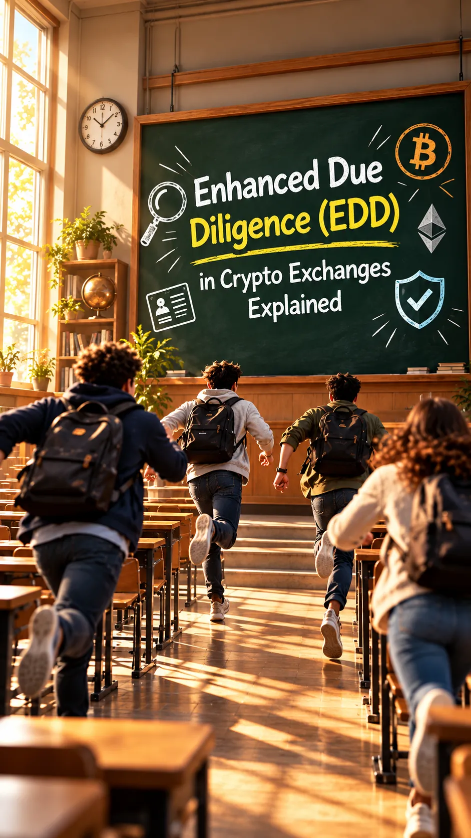 Crypto exchange Enhanced Due Diligence (EDD) lesson displayed on a classroom board with Bitcoin, Ethereum, and security icons.
