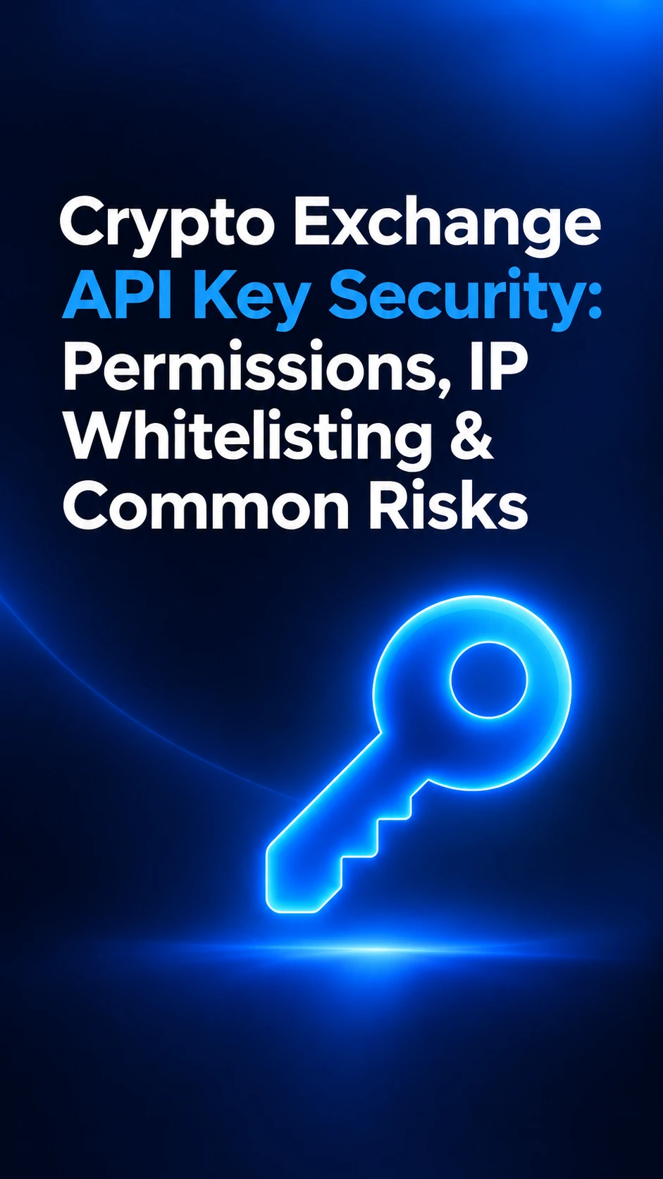 Cover image for “Crypto Exchange API Key Security,” featuring a glowing blue key on a dark navy background, representing API permissions, IP whitelisting, and exchange account security.