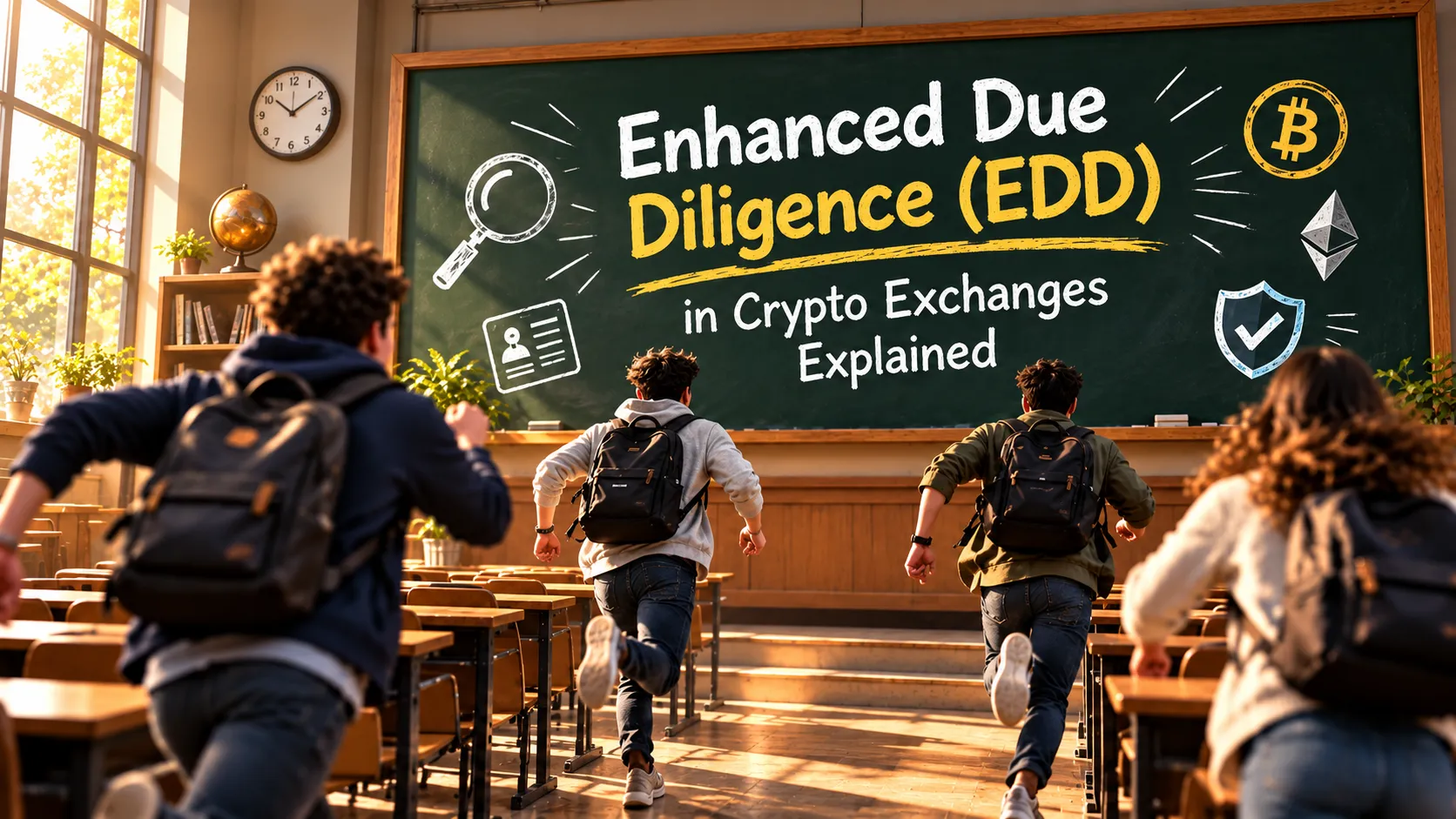 Enhanced Due Diligence (EDD) in crypto exchanges explained on a classroom blackboard with crypto security symbols.