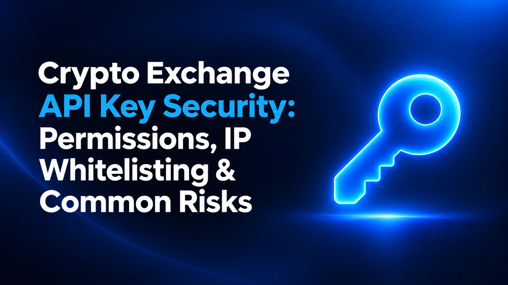 Cover image for “Crypto Exchange API Key Security,” featuring a glowing blue key on a dark navy background, representing API permissions, IP whitelisting, and exchange account security.